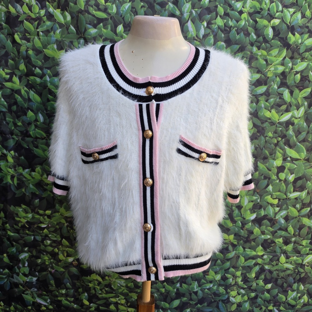 Emerson Lang XL Fuzzy Eyelash Cardigan White Pink Black Gold Button Short Sleeve